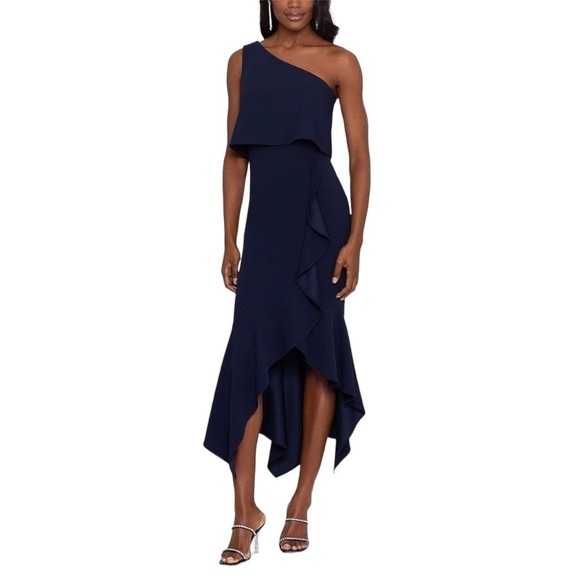 Xscape Navy Blue One Shoulder Stretch Crepe Ruffle Asymmetrical Hemline Gown US4 - Picture 1 of 10